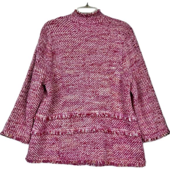 Textured Tweed Cardigan Chicos 2 (L/12) Fringed Blazer Jacket Elle Woods Pink - Picture 2 of 12